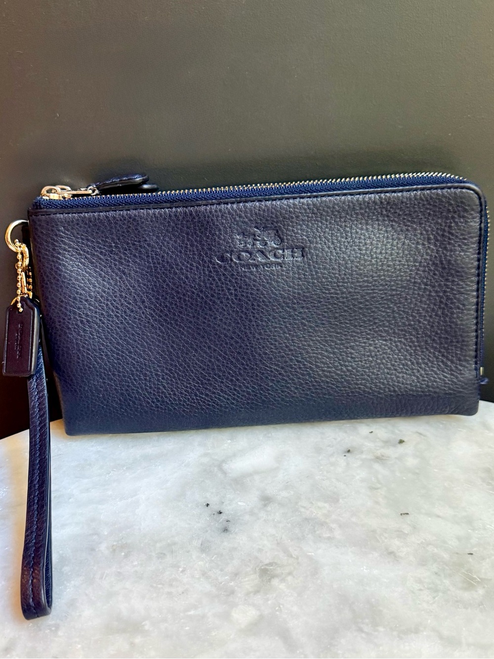 Coach Pebbled Leather Double L-Zip
Wallet Wristlet Blue Gold F53561 - Very Good